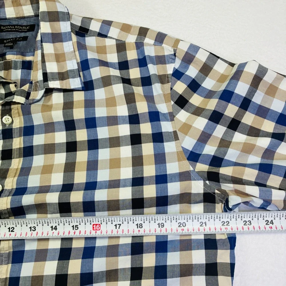 Banana Republic Mens Grant Fit Custom 078 Wash Shirt Blue Tan Check Gingham